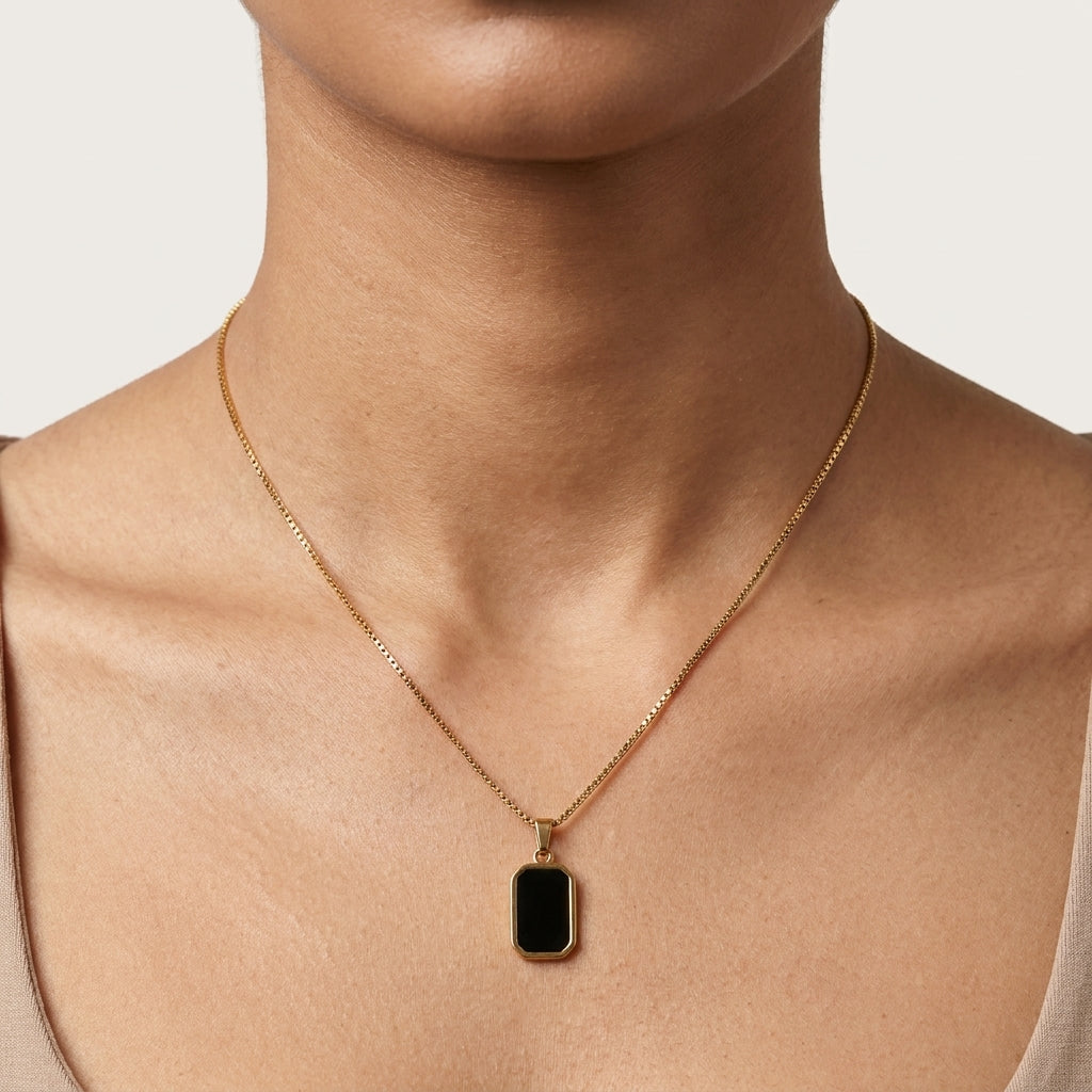 Noiré Onyx Luxe Necklace in Gold Finish | Luxury Black Stone Pendant by VarnamAyira