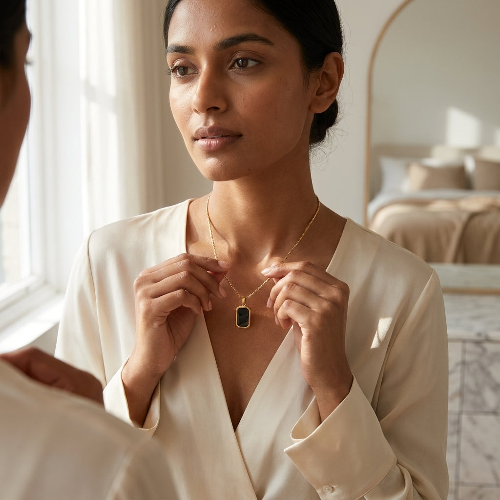 Noiré Onyx Luxe Necklace in Gold Finish | Luxury Black Stone Pendant by VarnamAyira