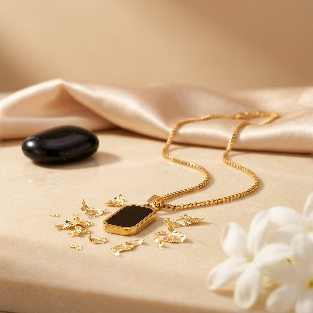 Noiré Onyx Luxe Necklace in Gold Finish | Luxury Black Stone Pendant by VarnamAyira