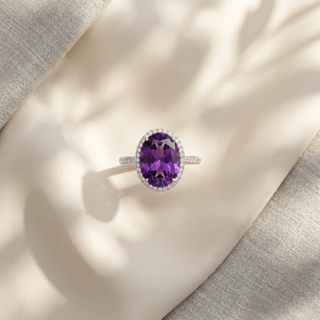 Royal Amethyst Halo Sliver Plated AD Ring | Luxury Purple Stone Statement Ring by VarnamAyira