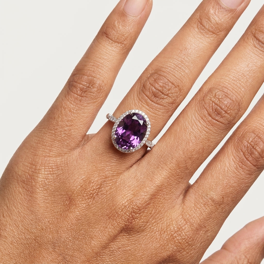 Royal Amethyst Halo Sliver Plated AD Ring | Luxury Purple Stone Statement Ring by VarnamAyira