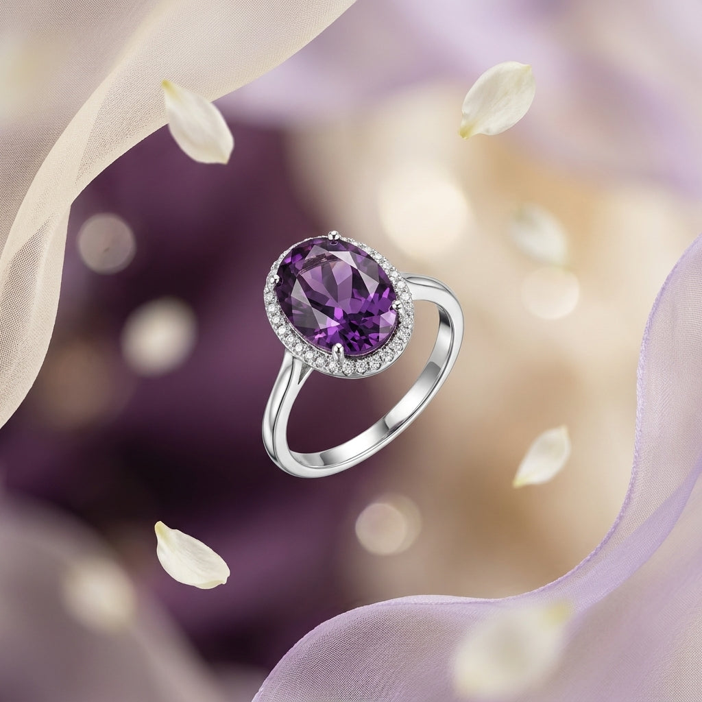 Royal Amethyst Halo Sliver Plated AD Ring | Luxury Purple Stone Statement Ring by VarnamAyira