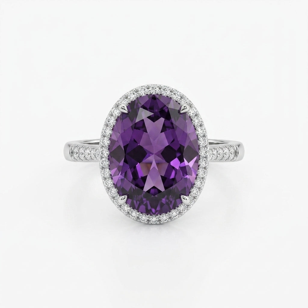 Royal Amethyst Halo Sliver Plated AD Ring | Luxury Purple Stone Statement Ring by VarnamAyira