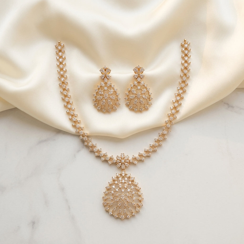 Priyatharshini Floral Cascade Necklace Set | Premium AD Floral Jewellery | VarnamAyira