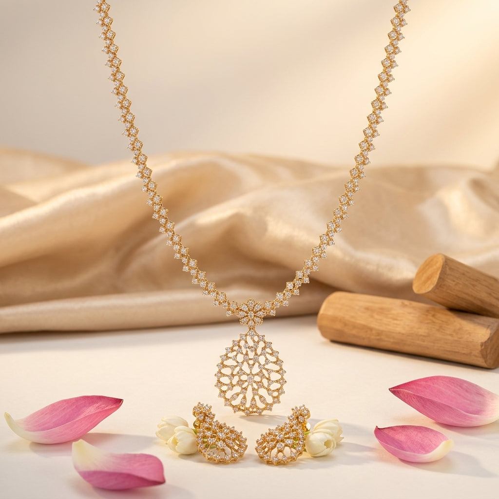 Priyatharshini Floral Cascade Necklace Set | Premium AD Floral Jewellery | VarnamAyira